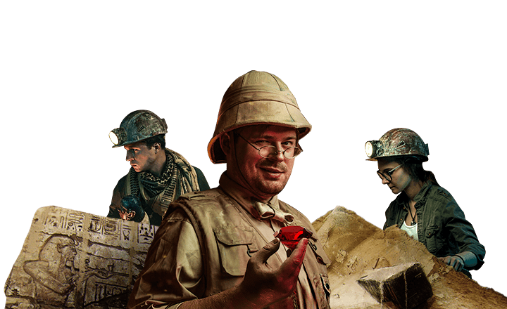 Red Giant explorers in a pith helmet and hard hats, one holding up a red ruby among hieroglyph stones