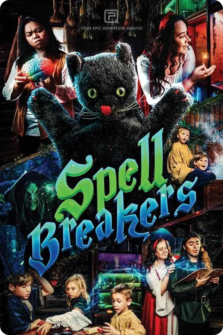 Spell Breakers escape room poster: a big black cat with glowing eyes surrounded by children in costume