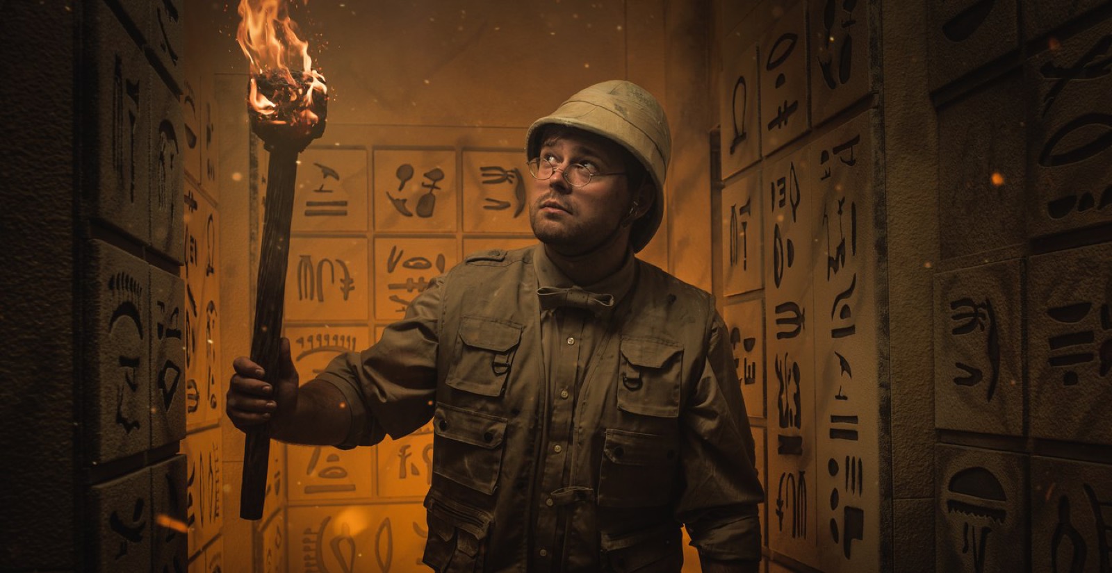 An explorer in a pith helmet raises a flaming torch inside the Red Giant pyramid