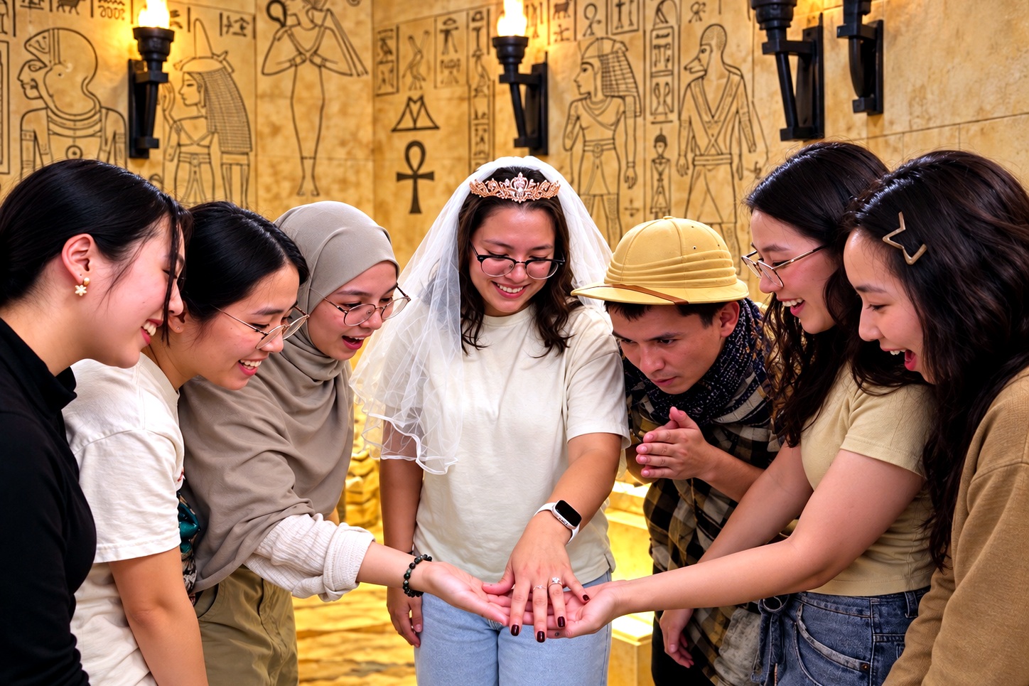 Bride and friends stack hands during an escape room bachelorette party inside Red Giant